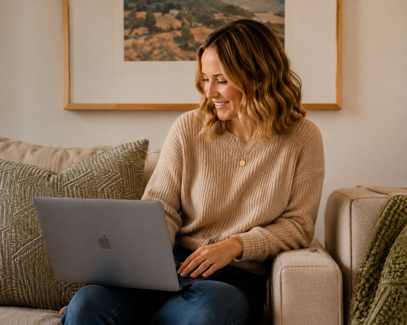 Lauren sitting on her sofa, working through her offer on a laptop